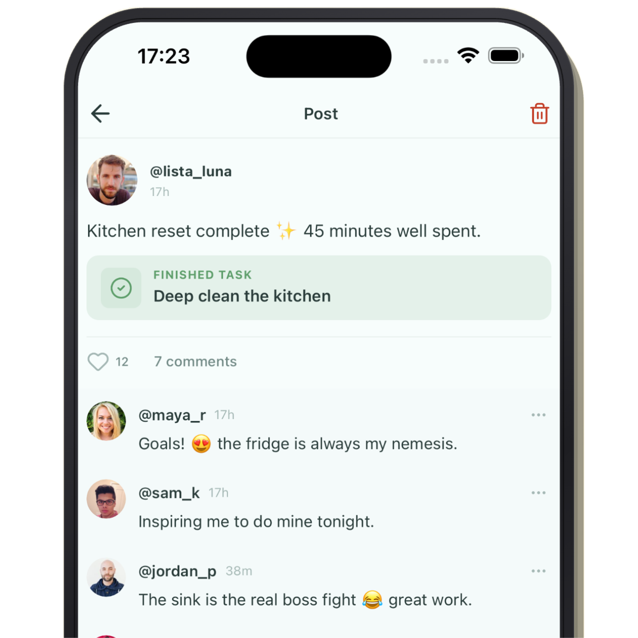 Doubly app post detail showing a completed task with community reactions and comments